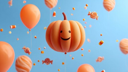 Obraz premium Floating pumpkin balloons dropping candy, 3D illustration.