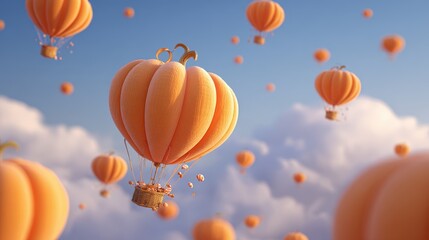 Fototapeta premium Floating pumpkin balloons dropping candy, 3D illustration.
