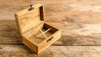 Wooden box with crossed matches on a rustic table
