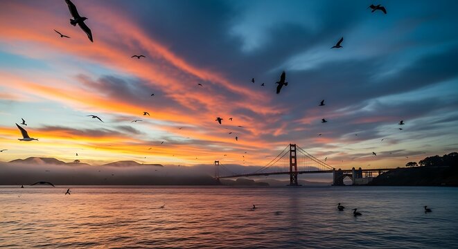 Golden Gate Bridge at Sunset with Birds Flying Over Water.