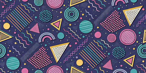 Geometric Memphis Pattern with Triangles, Circles, and Zigzags in Teal, Pink, and Yellow
