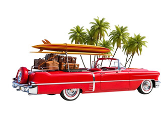 Vintage red car with surfboards on roof rack isolated on transparent background