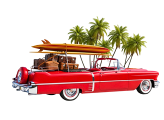 Vintage red car with surfboards on roof rack isolated on transparent background