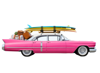 Vintage red car with surfboards on roof rack isolated on transparent background