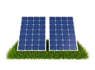 Two blue solar panels on green grass isolated on transparent background