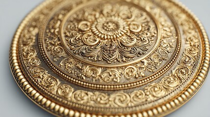 Close-up of a gold-toned decorative shield with intricate, ornate designs