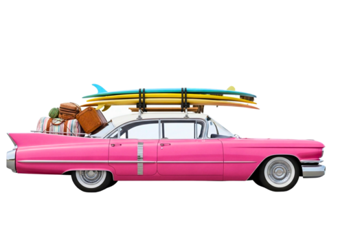 Vintage red car with surfboards on roof rack isolated on transparent background - Powered by Adobe
