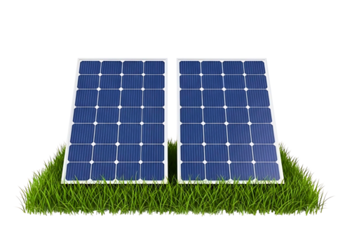 Two blue solar panels on green grass isolated on transparent background