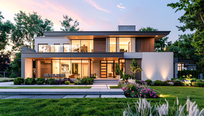 Showcasing modern architectural design urban residential area luxury house exterior suburban environment contemporary viewpoint