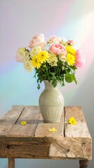 Pastel flowers in vase on rustic wooden table, rainbow light