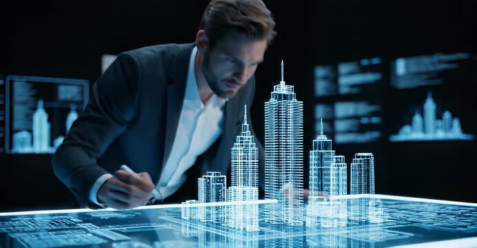 An architect brings architectural designs to life with 3D holographic construction models. The concept of innovation in architecture and futuristic design. Generative Ai.