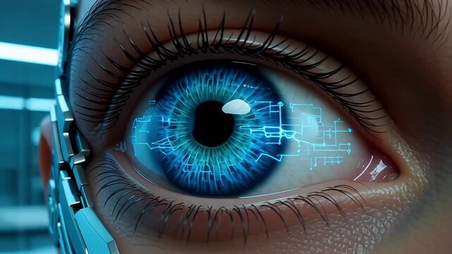 Futuristic bionic eye displaying digital interface for technology and science fiction concepts