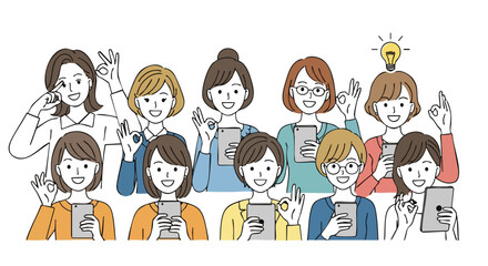 Diverse women group celebrating success with phones and brilliant ideas glowing bright