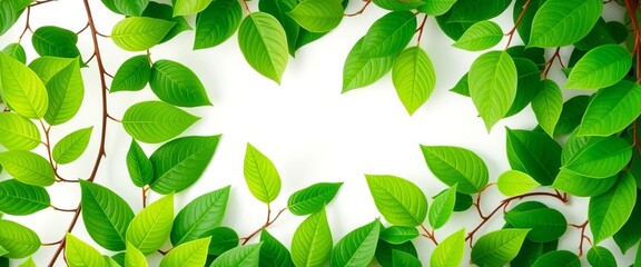 Vibrant green leaves create a natural frame on a pure white background,  flatlay,  vibrant