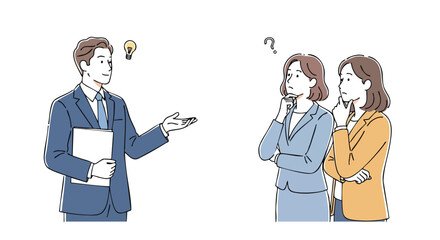 Man with idea presents to confused women in business meeting