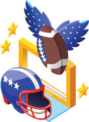 Football ball fused with helmet, goalpost rising behind, eagle in flight with stars surrounding.
