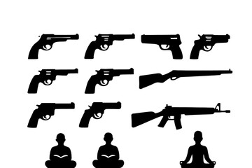 Collection of Silhouette Pistols, Rifles and Meditating People | Firearms Safety Graphic for Education, Gun Control Advocacy, and Crime Prevention Initiatives