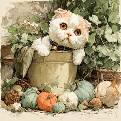 Whimsical Cat Peeking from Autumn Bucket