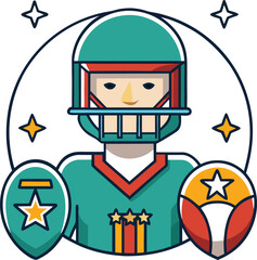 Football ball with helmet face, eagle holding goalpost, stars circling around, player silhouette inside ball