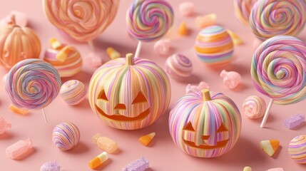 Obraz premium Halloween candy swirl around carved pumpkins, 3D illustration. 