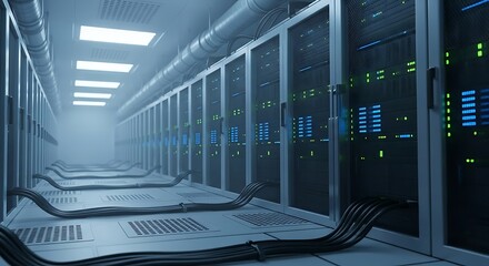 Futuristic server room data center showcasing network infrastructure for global data communication