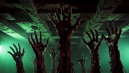 Eerie zombie hands emerge from the depths in spooky green light, perfect for horror game design