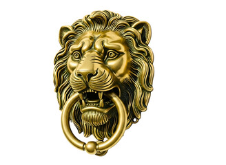 Antique brass lion head door knocker isolated on transparent background