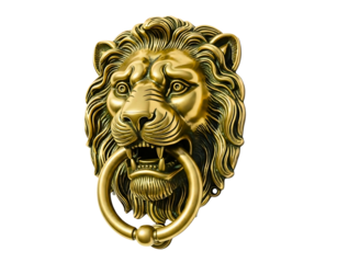Antique brass lion head door knocker isolated on transparent background