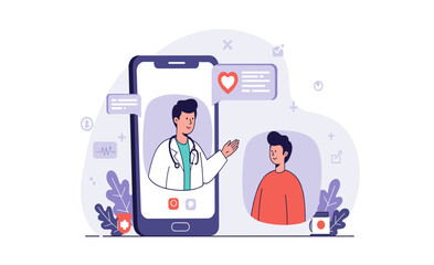 A digital illustration depicts a doctor consulting with a patient via a smartphone, highlighting telehealth and remote medical care in a modern, accessible format.