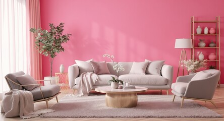 Obraz premium Modern Living Room Interior Design with Pink Wall, Sofa, and Armchairs