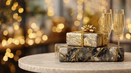 Opulent gift set on marble table with champagne and golden lights, New Year luxury celebration. 