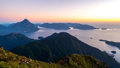 Mountaintop vista, serene lakes, sunrise