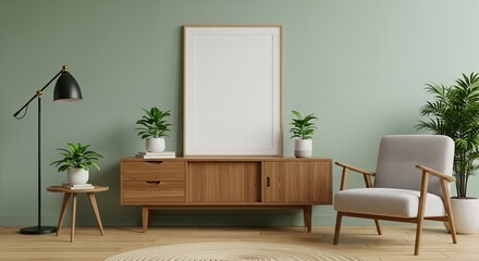 Modern living room interior design with wooden furniture and plants, mockup poster frame