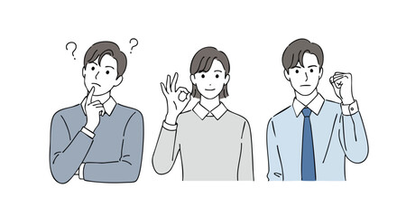 Business professionals show thought, approval, and triumph in modern concepts