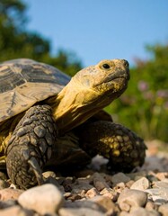 Close-up of a tortoise on gravel, sunlit