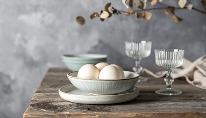 Pale blue ceramic bowls with eggs,  glass goblets, and branches on a rustic table