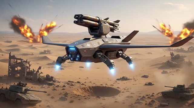 Advanced unmanned aerial vehicle deployment over desert terrain battlefield scenario
