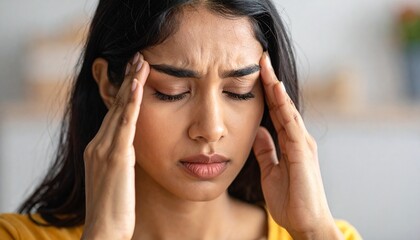 Obraz premium Stressed young Indian woman suffering from a painful headache, touching her temples with her eyes closed