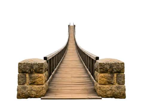 Wooden footbridge with stone pillars isolated on transparent background