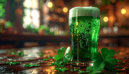 A festive glass of sparkling green beer sits on a pub table, adorned with lucky shamrocks for a traditional St. Patrick's Day celebration