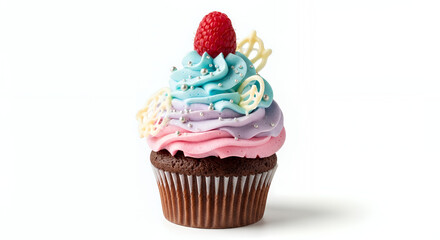 A single cupcake with colorful frosting raspberry and white chocolate curls on a white background
