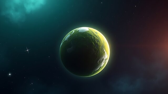 Lush green planet floating in space with a glowing atmosphere, depicting cosmic beauty.