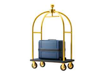 Golden hotel luggage cart with red suitcase isolated on transparent background
