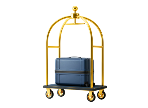 Golden hotel luggage cart with red suitcase isolated on transparent background