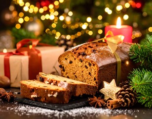 Sliced fruitcake on slate board, festive decorations