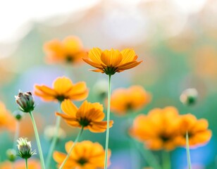 Bright orange cosmos flowers in soft focus,  a field of blooms