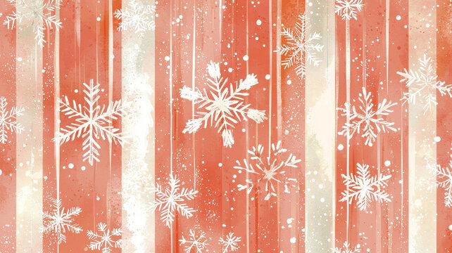 Festive watercolor background with white snowflake pattern and falling snow, warm red stripes creating cozy holiday mood - Powered by Adobe