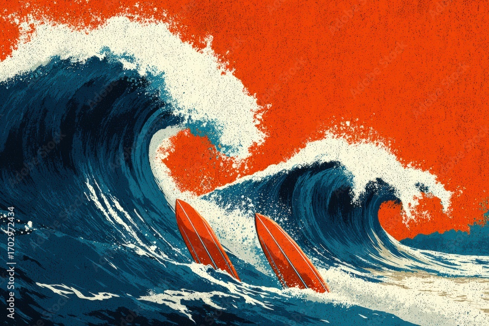 Poster dynamic ocean waves crashing with colorful surfboards in an energetic composition showcasing the thr