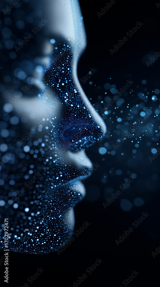 Poster digital abstract profile of human face dissolving into particles.