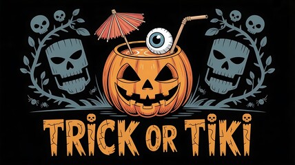 halloween banner jack-o'-lantern turned tiki drink, complete with a mini umbrella, eyeball garnish, and a bamboo straw., Created with generative ai
